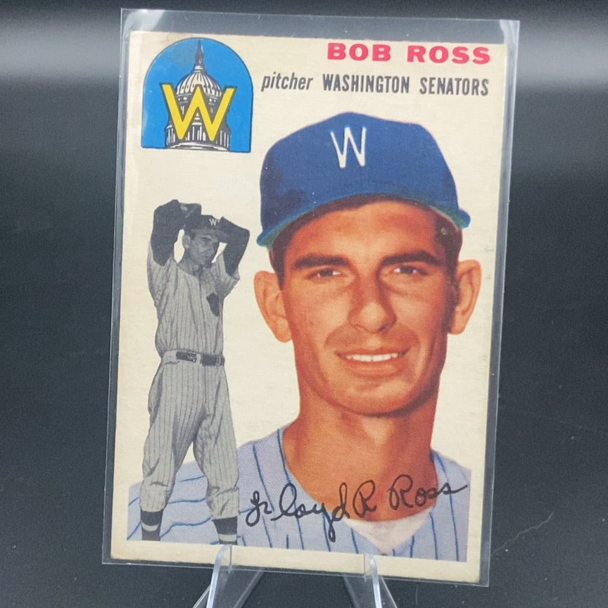1954 Topps Bob Ross #189 vintage baseball card featuring pitcher Bob Ross: This is a vintage baseball card featuring professional pitcher Bob Ross, who played for the Washington Senators. The card includes a portrait of the player, a full-body action shot, and his facsimile
