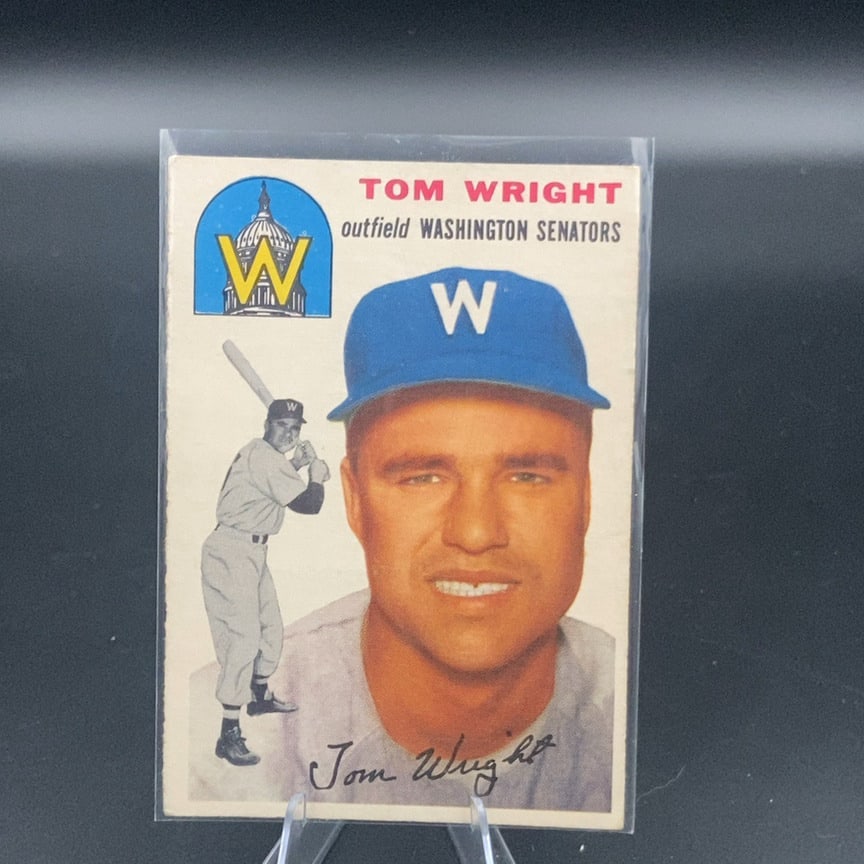 1954 Topps Baseball Card #140 featuring outfielder Tom Wright: This is a vintage baseball card featuring Tom Wright of the Washington Senators. The card displays a portrait of the player along with his name and team affiliation. It is preserved in a protective