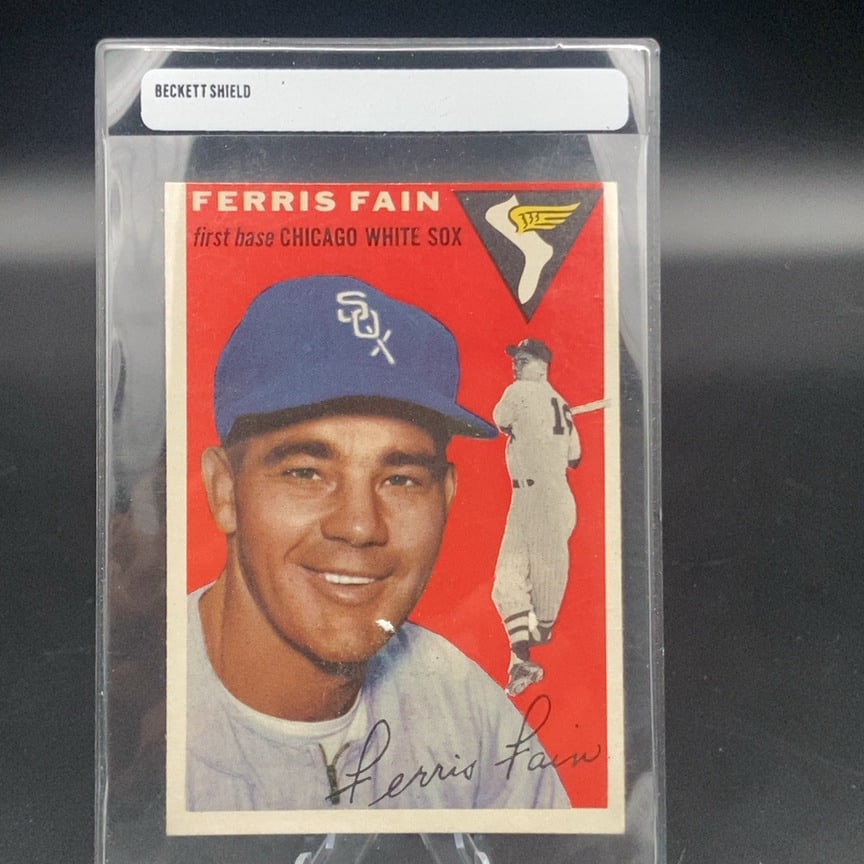 1954 Topps #27 Ferris Fain Chicago White Sox baseball card: This is a vintage baseball card featuring Ferris Fain, who is identified as a first baseman for the Chicago White Sox. The card includes a portrait of the player and his signature on the front,