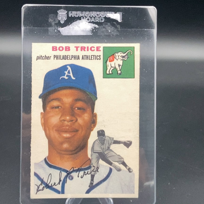 1954 Topps #148 Bob Trice baseball card: This is a vintage 1954 Topps baseball card featuring Philadelphia Athletics pitcher Bob Trice. The card includes a portrait of the player, a smaller inset of him in a pitching motion, his printed