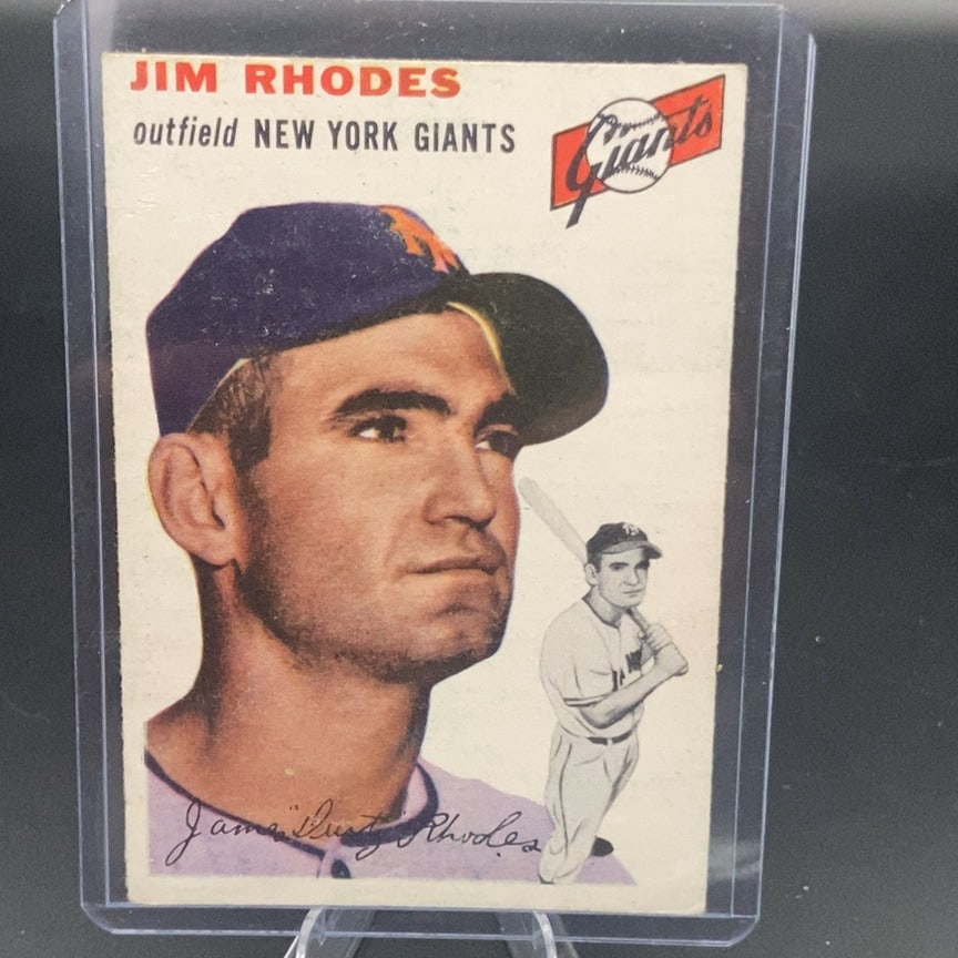1954 Topps #170 Jim "Dusty" Rhodes baseball rookie card: This is a vintage baseball card featuring Jim Rhodes of the New York Giants. The card includes a large portrait of the player and a smaller full-body image holding a bat, along with his facsimile