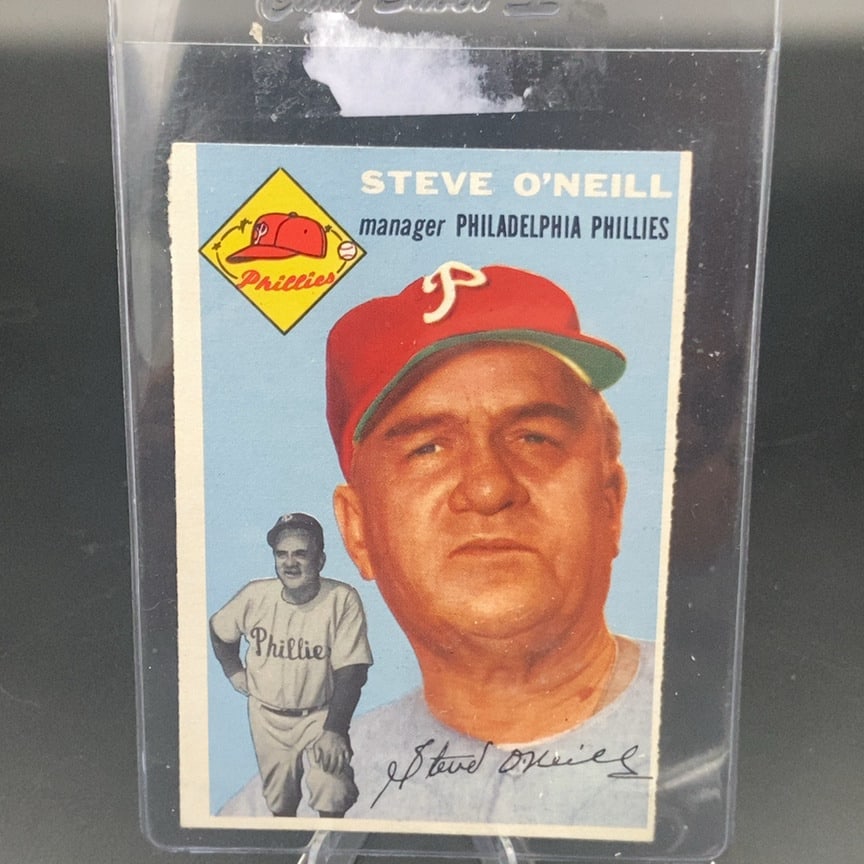 1954 Topps Steve O'Neill Philadelphia Phillies #127 baseball trading card: This is a vintage trading card featuring Steve O'Neill in his role as manager of the Philadelphia Phillies. The card includes a portrait and a full-body action pose of the manager.