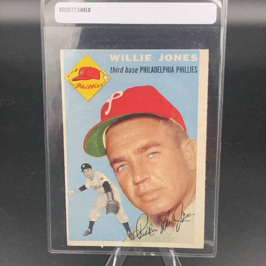 1954 Topps #41 Willie Jones baseball card: This is a vintage baseball trading card featuring Willie Jones of the Philadelphia Phillies. The card includes a close-up portrait and an action shot of the player, with the Phillies team logo