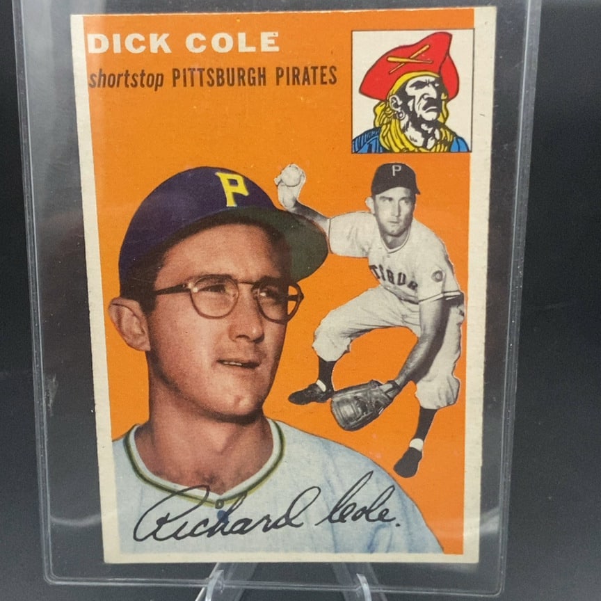 1954 Topps Baseball (Card #84) Dick Cole Pittsburgh Pirates: This is a 1954 Topps baseball card featuring Dick Cole of the Pittsburgh Pirates. The card shows a portrait of Cole alongside an action shot and a team pirate mascot logo.