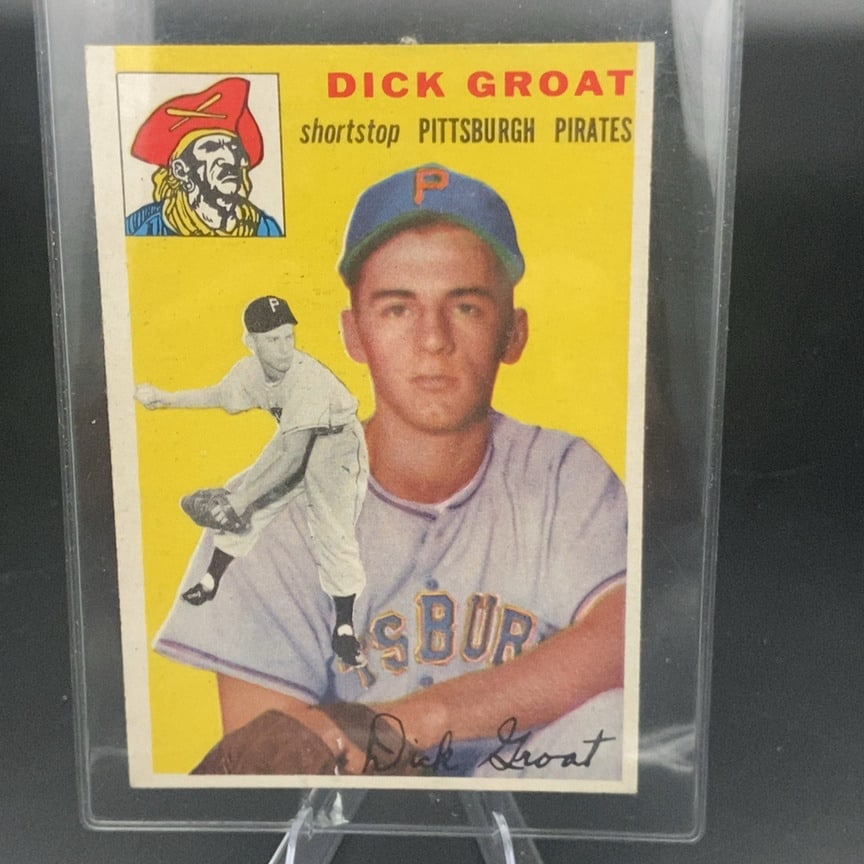 1954 Topps #43 Dick Groat baseball card: This is a vintage baseball trading card featuring Dick Groat, the shortstop for the Pittsburgh Pirates. The card features a large portrait of the player and a smaller action shot, along with the team