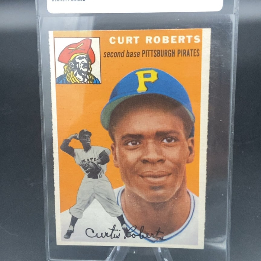 1954 Topps #242 Curt Roberts vintage baseball: This is a 1954 Topps baseball card featuring Pittsburgh Pirates second baseman Curt Roberts. The card features a portrait and an action illustration of the player along with the team logo. It is