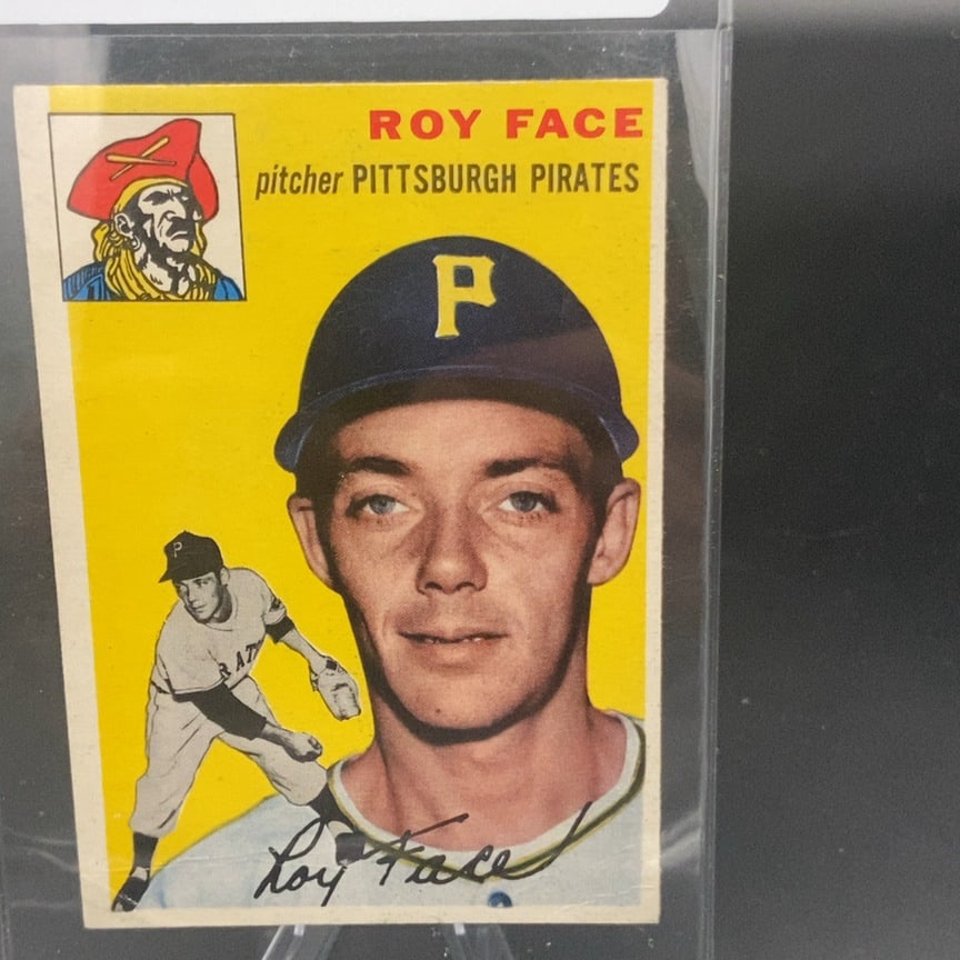 1954 Topps #87 baseball card featuring Pittsburgh Pirates relief pitcher Roy Face: This is a vintage baseball card featuring Roy Face of the Pittsburgh Pirates. The card showcases a headshot portrait of the pitcher alongside a smaller action image and his facsimile signature at the