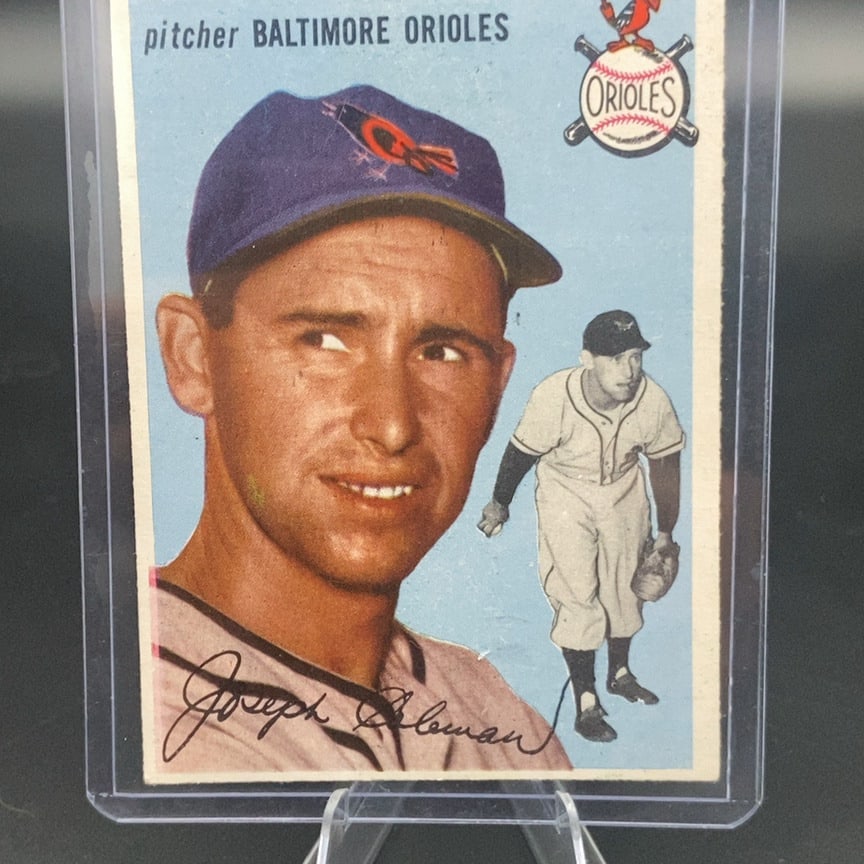 1954 Topps Joseph Coleman Baltimore Orioles Baseball Card: This is a 1954 Topps baseball card featuring Baltimore Orioles pitcher Joseph Coleman. The card features a portrait and a full-body action pose of the player.