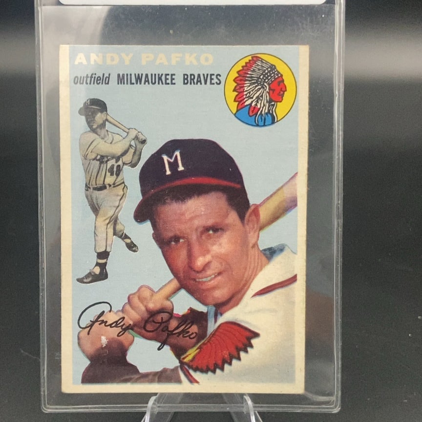 1954 Topps Andy Pafko Baseball Card: This is a 1954 Topps baseball card featuring Milwaukee Braves outfielder Andy Pafko. The card includes a portrait image, an action shot, and the team logo in the upper right corner.