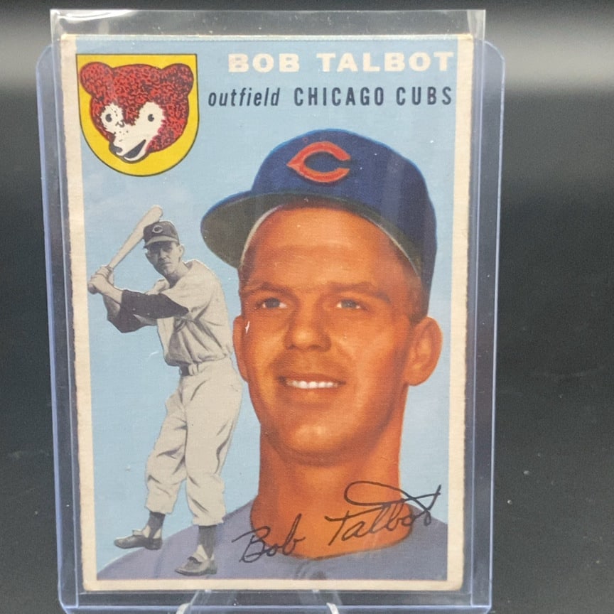 1954 Topps #229 Bob Talbot rookie baseball card: This is a vintage baseball card featuring outfielder Bob Talbot of the Chicago Cubs. The card includes a portrait and action shot of the player with a team logo in the corner and a facsimile signature