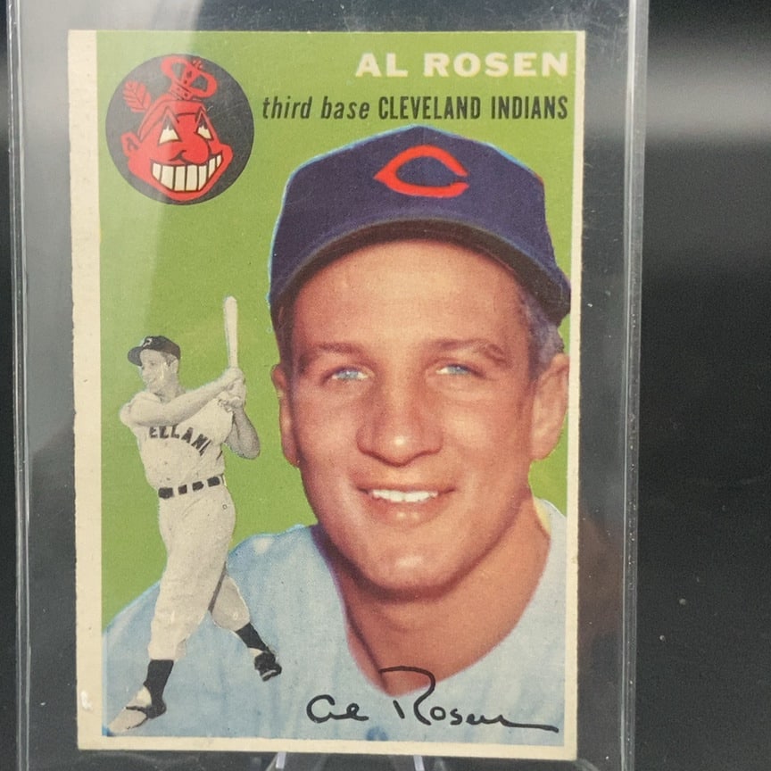 1954 Topps Al Rosen Baseball Card: This is a 1954 Topps baseball card featuring Al Rosen, a third baseman for the Cleveland Indians. The card features a large portrait of the player alongside a smaller action image and a facsimile