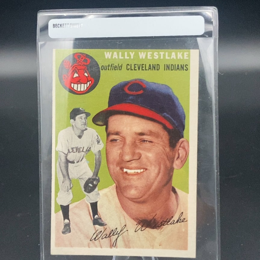 1954 Topps #92 Wally Westlake baseball card: This is a 1954 Topps baseball card featuring Wally Westlake of the Cleveland Indians. The card shows both a portrait and a full-body action pose, along with the team logo and the player's signature.