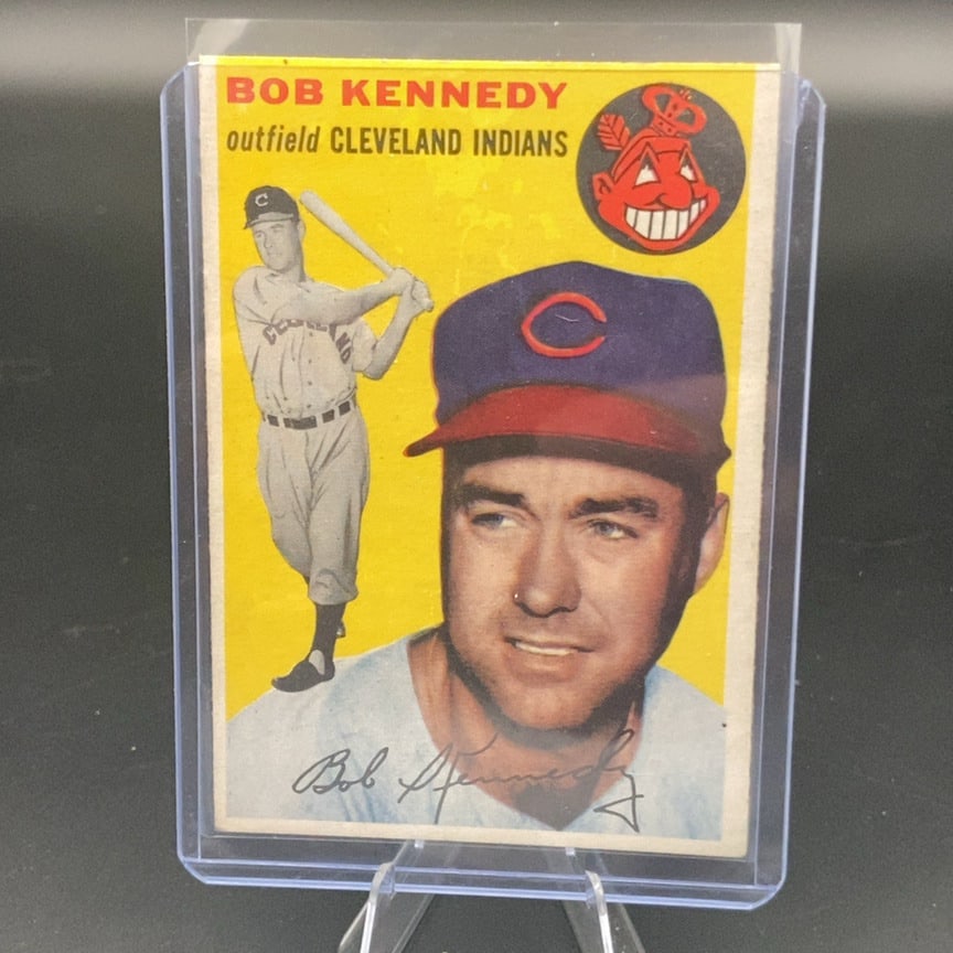 1954 Topps #155 Bob Kennedy Cleveland Indians baseball card: This is a vintage baseball card featuring Bob Kennedy of the Cleveland Indians. The card features a portrait and an action shot of the player, along with the team logo on a bright yellow background.