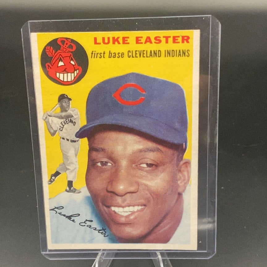 1954 Topps #23 Luke Easter vintage baseball card: This is a vintage baseball card featuring Luke Easter of the Cleveland Indians. The card prominently displays the player's name and team affiliation, along with a portrait and an action figure inset.
