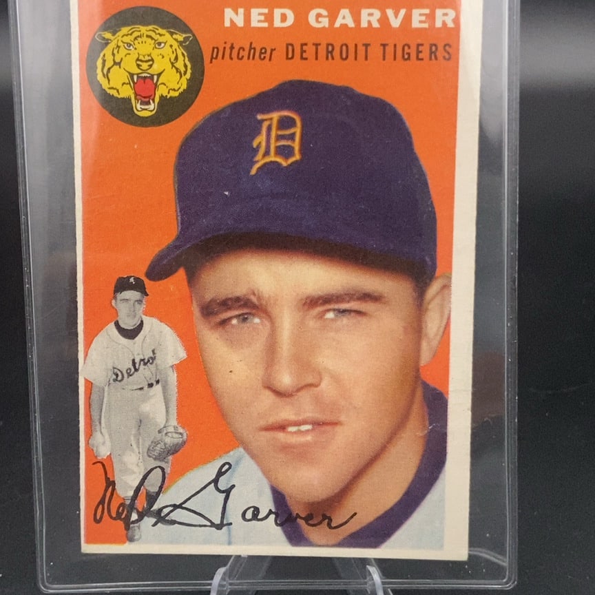 1954 Topps Ned Garver Baseball Card: This is a 1954 Topps baseball card featuring Ned Garver, a pitcher for the Detroit Tigers. The card prominently displays a portrait and a full-body action shot, along with his facsimile signature.