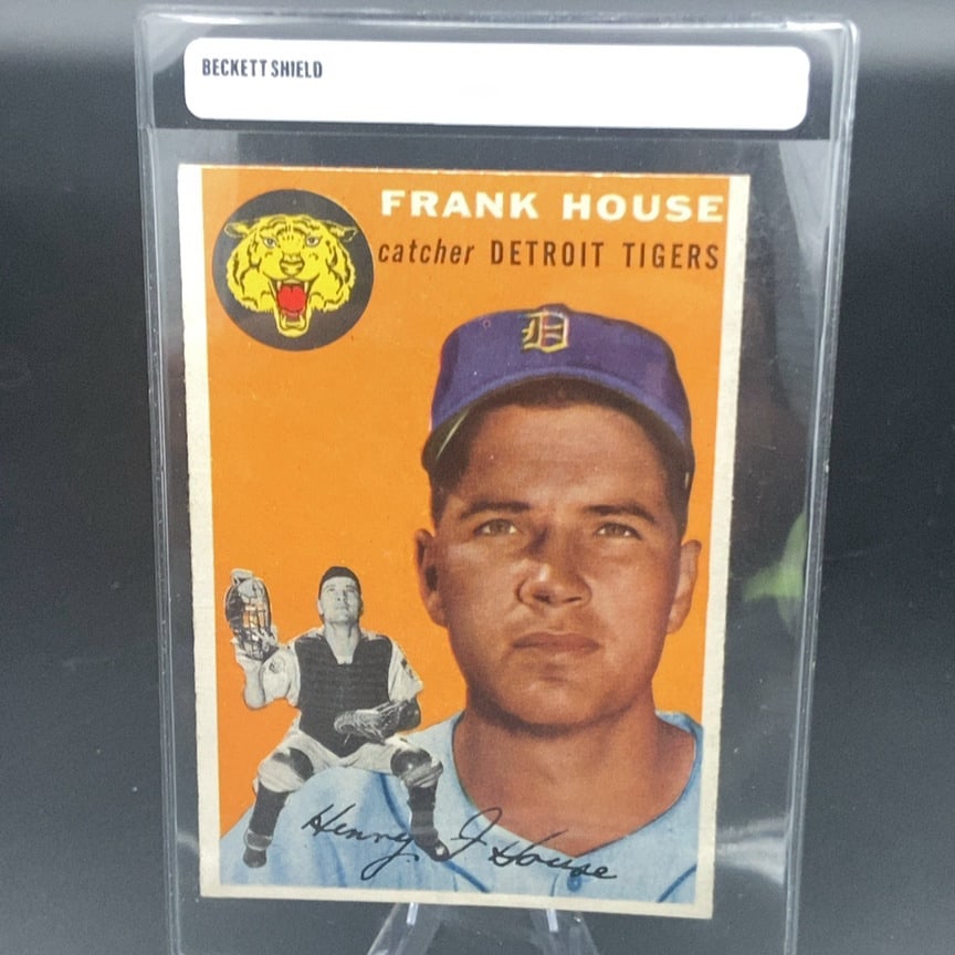 1954 Topps baseball card (#163) featuring Detroit Tigers catcher Frank House: This is a vintage sports card featuring Frank House, a catcher for the Detroit Tigers. The card features an orange background with a team logo and a portrait of the player alongside an action