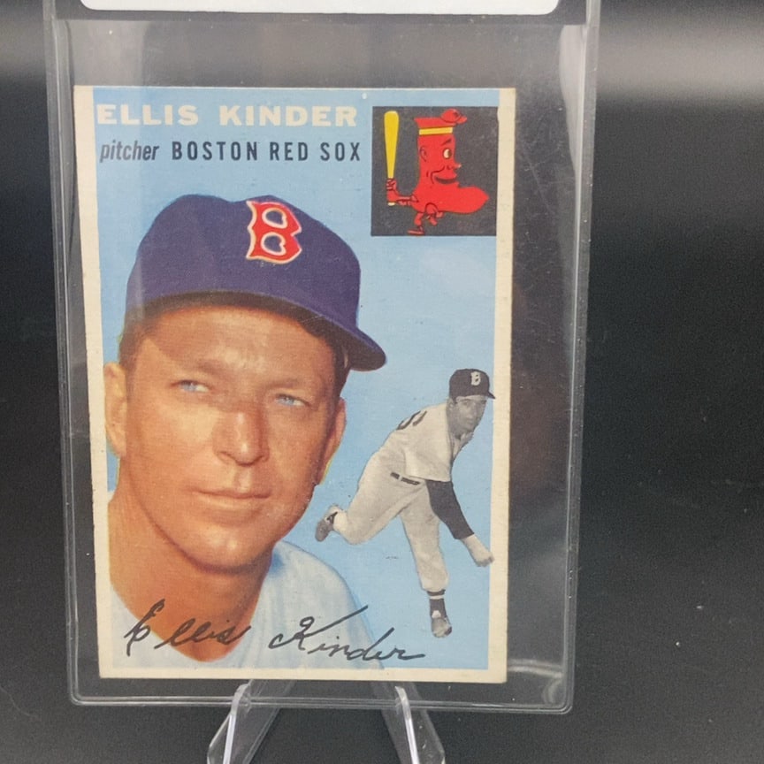 1954 Ellis Kinder Baseball Card: This is a 1954 Topps baseball card featuring Boston Red Sox pitcher Ellis Kinder. It displays both a portrait and an action shot of the player along with the team mascot.