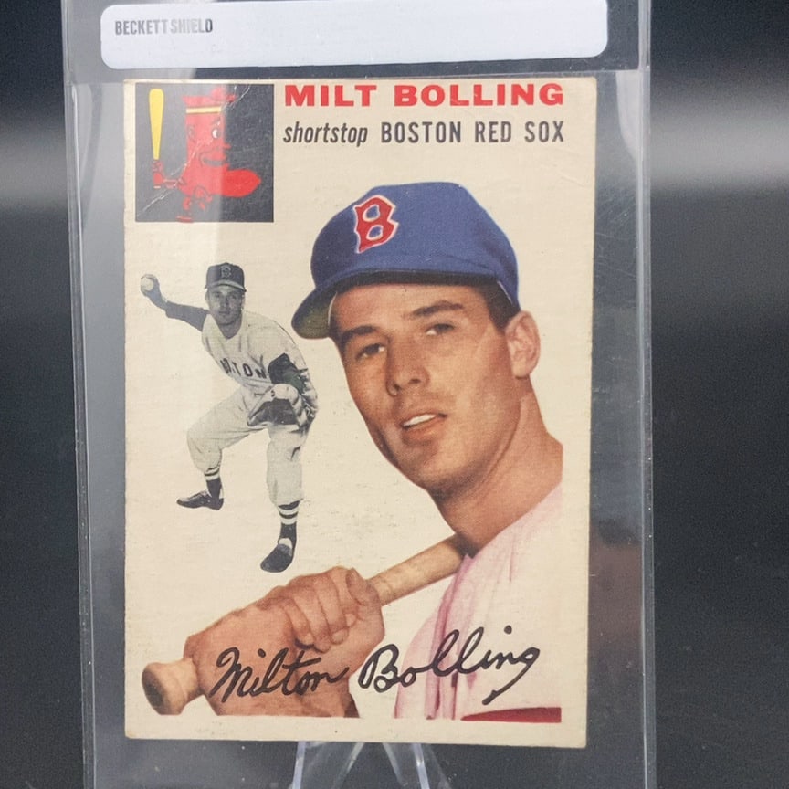 1954 Topps Milt Bolling Boston Red Sox Baseball Card: This is a 1954 Topps baseball card featuring Milt Bolling of the Boston Red Sox. The card includes both a portrait and an action shot of the shortstop.