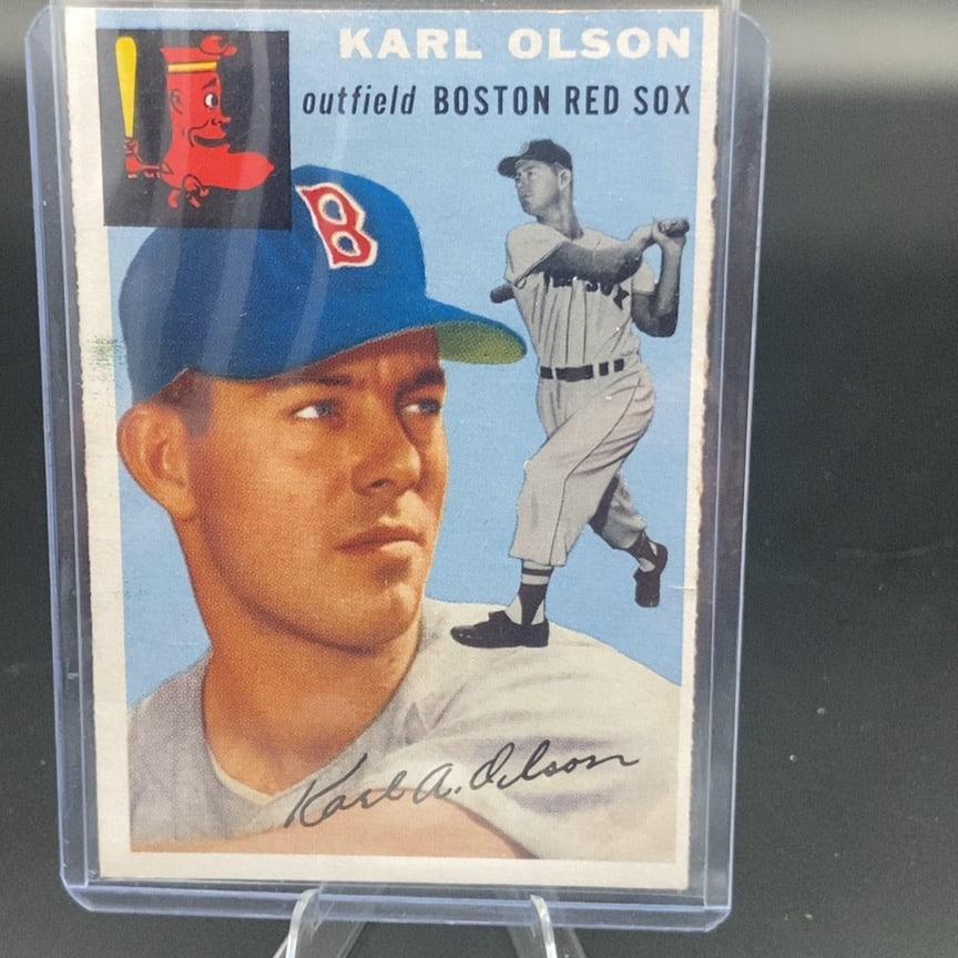 1954 Topps #186 Karl Olson vintage baseball trading card: This is a vintage baseball card featuring Karl Olson of the Boston Red Sox. The card showcases a portrait of the player alongside a graphic of him in a batting stance.