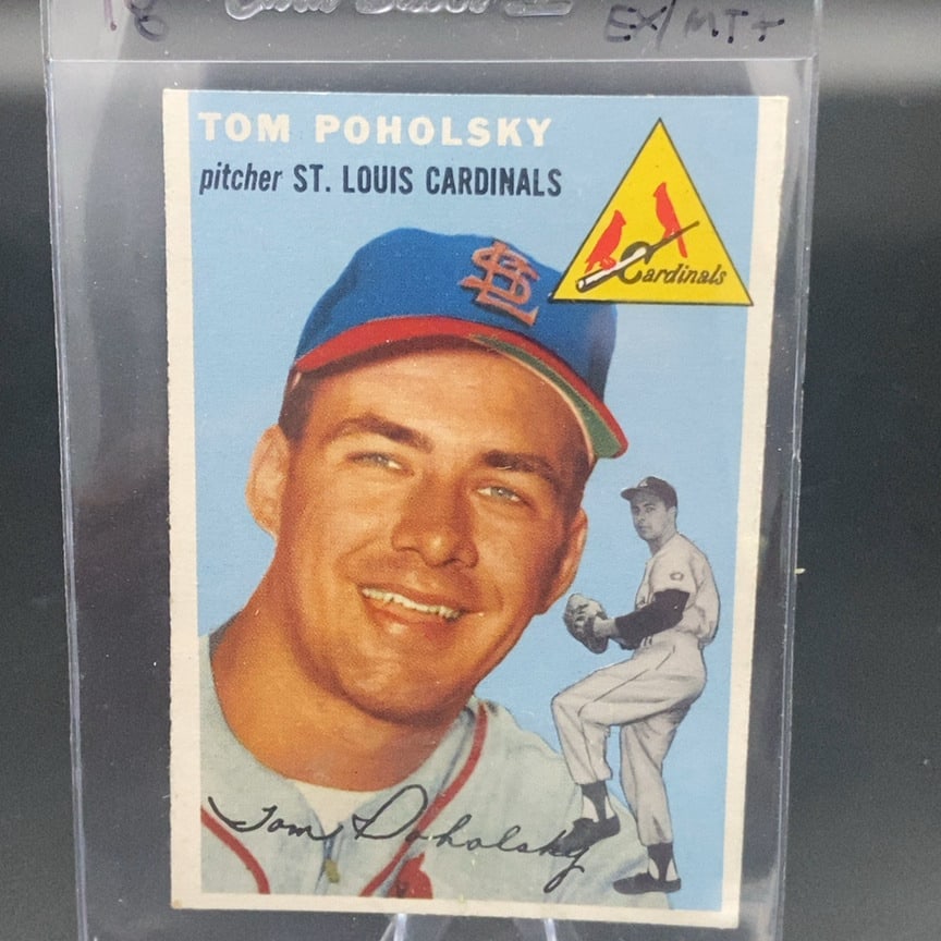 1954 Topps Tom Poholsky St. Louis Cardinals Baseball Card: This is a 1954 Topps baseball card featuring pitcher Tom Poholsky of the St. Louis Cardinals. The front of the card displays a portrait and a full-body action pose, along with a prominent Cardinals
