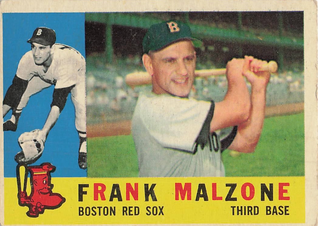 1960 Topps #310 baseball card featuring Boston Red Sox third baseman Frank Malzone: 1960 Topps Frank Malzone #310 is a base trading card featuring Frank Malzone during his tenure with the Boston Red Sox. This vintage Topps issue is part of the classic 1956 baseball release, a