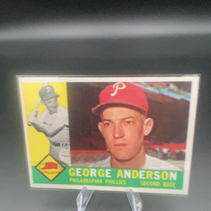 1960 Topps George "Sparky" Anderson #34 baseball card: This is a vintage trading card featuring George Anderson of the Philadelphia Phillies. The card highlights his position as a second baseman and features both a portrait and an action shot of the