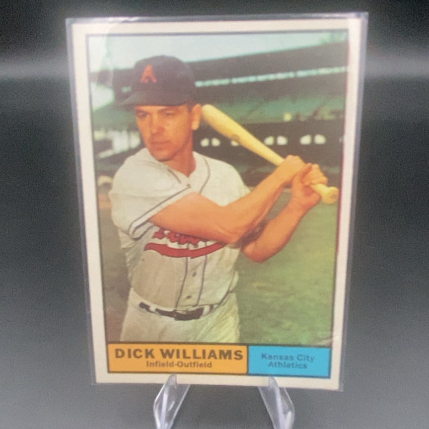 1961 Topps #8 Dick Williams baseball card: This is a 1961 Topps baseball card featuring Dick Williams. The card depicts Williams in his Kansas City Athletics uniform, identified as an Infield-Outfield player.
