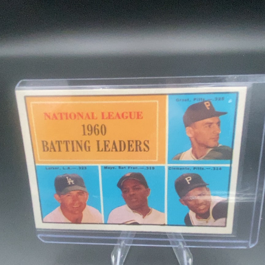 1961 Topps #41 National League Batting Leaders baseball card: This is a 1961 Topps baseball card featuring the National League Batting Leaders. The card highlights Dick Groat, Hank Aaron, Willie Mays, and Roberto Clemente with their batting averages displayed.