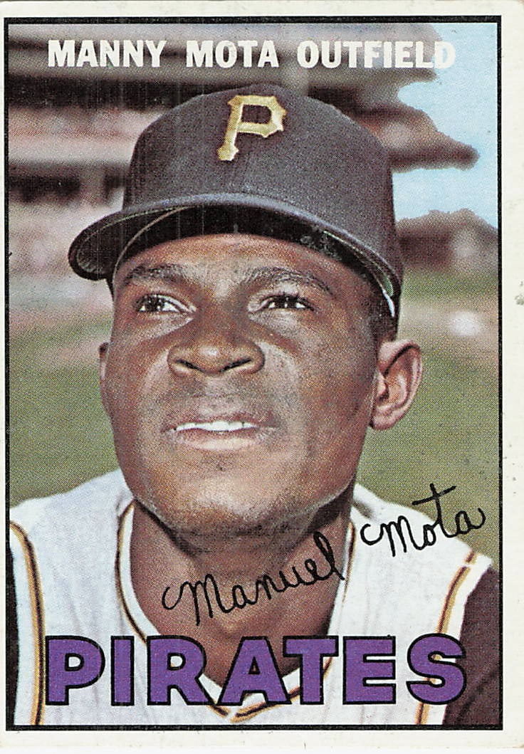 1967 Topps Manny Mota (#66) baseball trading card: 1967 Topps Manny Mota #66 is a base trading card featuring Manny Mota during his tenure with the Pittsburgh Pirates. A regular-issue vintage Topps card from the 1967 baseball set, it highlights Mota