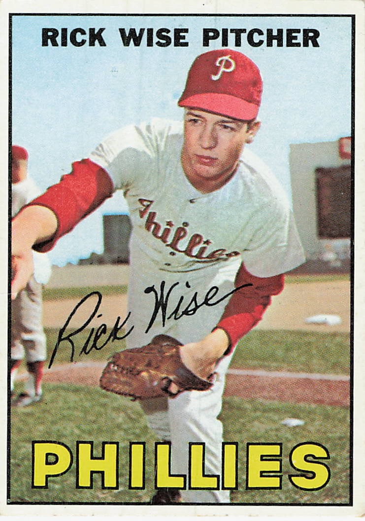 1967 Topps Rick Wise #35: 1967 Topps Rick Wise #35 is a base trading card featuring Rick Wise during his tenure with the Philadelphia Phillies. This vintage Topps issue uses the classic 1967 design, and this example appears