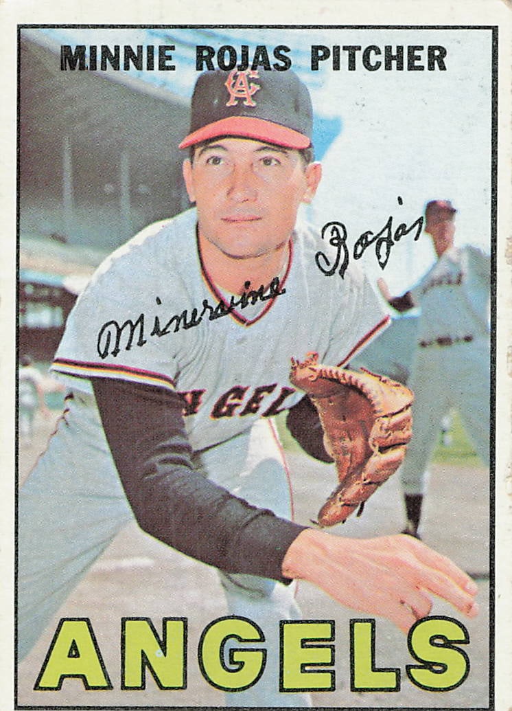 1967 Topps Minnie Rojas #104: 1967 Topps Minnie Rojas #104 is a base trading card featuring Minnie Rojas during his tenure with the California Angels. This vintage Topps issue showcases the Angels right-hander early in his major
