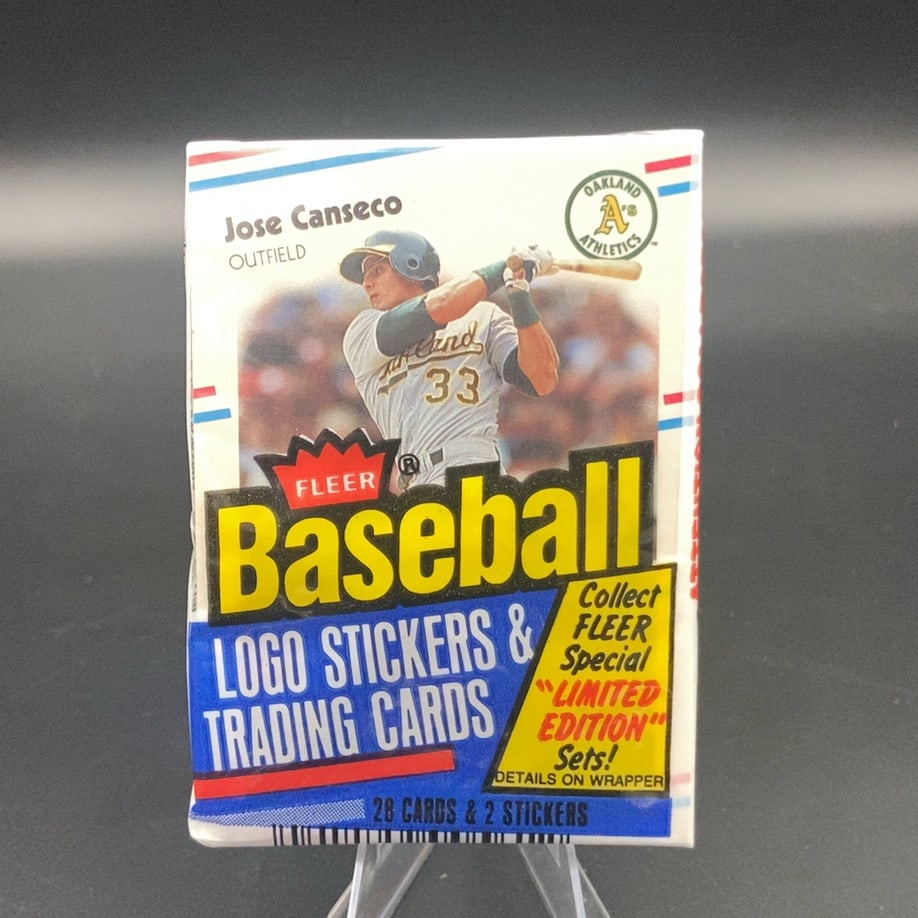 1989 Fleer Jose Canseco Baseball Wax Pack: This is a sealed 1989 Fleer Baseball wax pack featuring Oakland Athletics outfielder Jose Canseco. The pack contains 28 cards and 2 stickers, and includes a promotional notice to collect Fleer