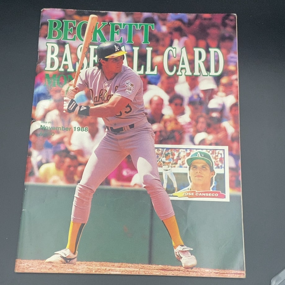 1988 Beckett Baseball Card Monthly Jose Canseco: This is a November 1988 issue of Beckett Baseball Card Monthly featuring Jose Canseco of the Oakland Athletics. The cover prominently displays Canseco in his batting stance with an additional