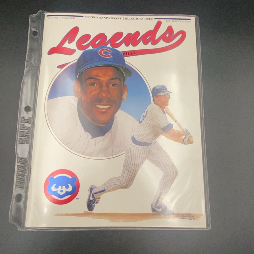 Legends Sports Memorabilia Magazine Winter 1990: This is the Winter 1990 issue of Legends Sports Memorabilia, identified as the Second Anniversary Collectors Issue. The cover features Chicago Cubs imagery, including a player illustration and the