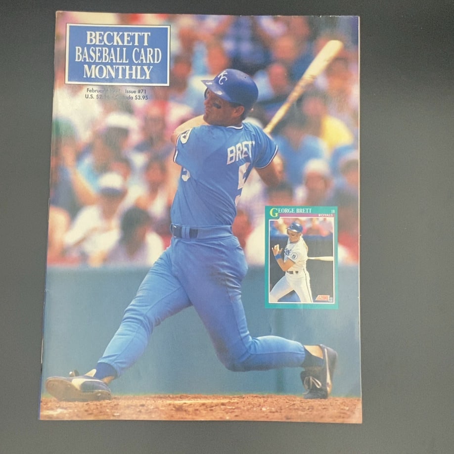 1991 Beckett Baseball Card Monthly George Brett: This is a February 1991 issue of Beckett Baseball Card Monthly, numbered issue #71. The cover features baseball player George Brett in his Kansas City Royals uniform at bat. An inset image shows a