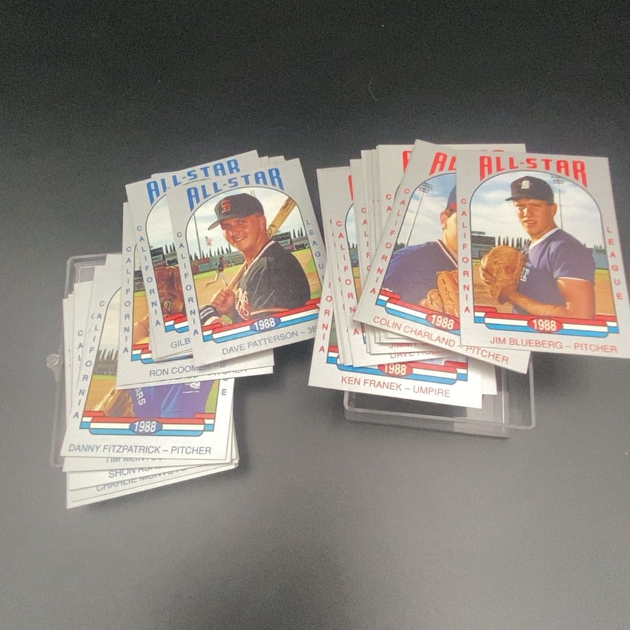 1988 California League All-Star trading cards: This is a collection of 1988 California League All-Star baseball cards. The set features various players including Dave Patterson, Colin Charland, Jim Blueberg, and Danny Fitzpatrick. The cards are