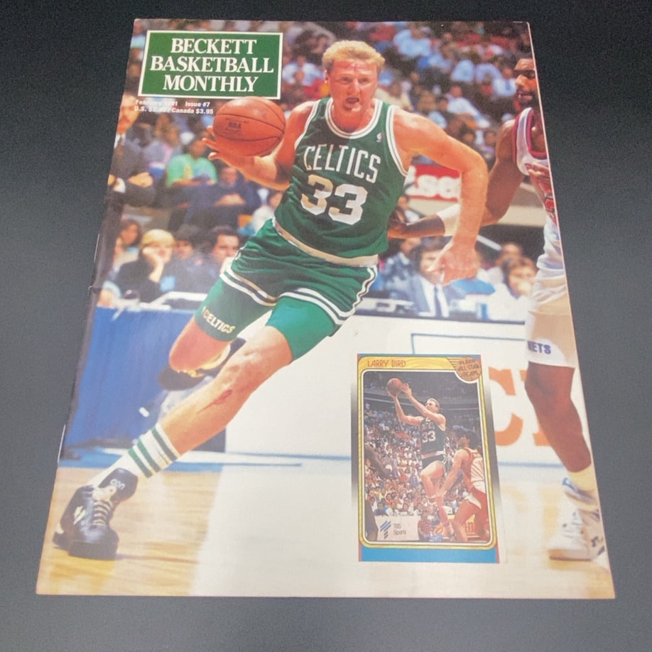 Beckett Basketball Monthly Issue #7 from February 1991: This is a vintage February 1991 issue of Beckett Basketball Monthly magazine. The cover features NBA legend Larry Bird of the Boston Celtics, showcasing a Fleer All-Star Team basketball card insert.