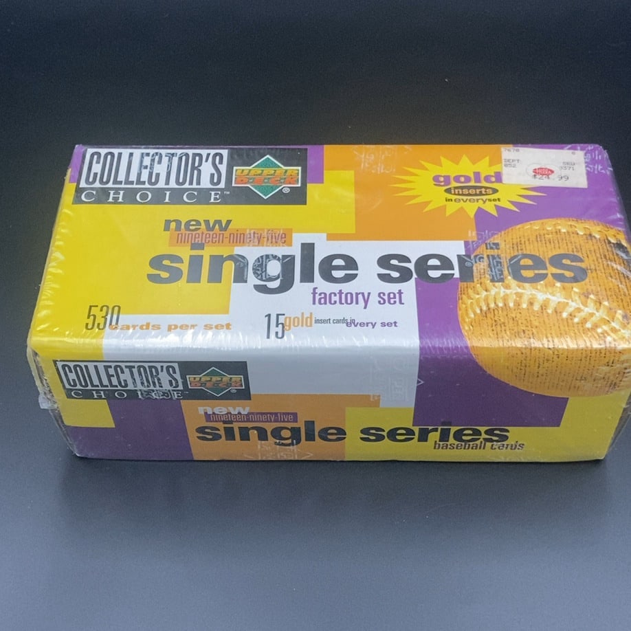1995 Upper Deck Collector's Choice Single Series Factory Set: This is a sealed 1995 Upper Deck Collector's Choice single series baseball factory set. The box contains 530 cards per set, including 15 gold insert cards in every set. It is a factory-sealed box