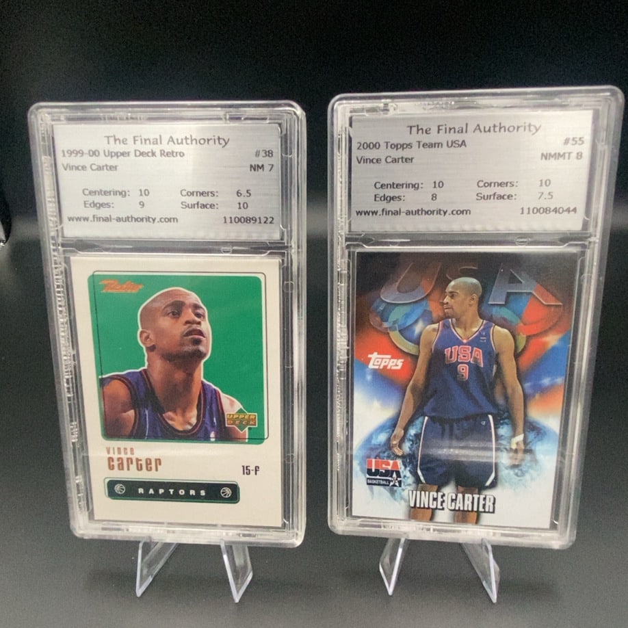 Vince Carter Graded Card Lot: This lot features two Vince Carter basketball cards graded by The Final Authority. Included are a 1999-00 Upper Deck Retro card and a 2000 Topps Team USA card. Both cards are encased in hard plastic s