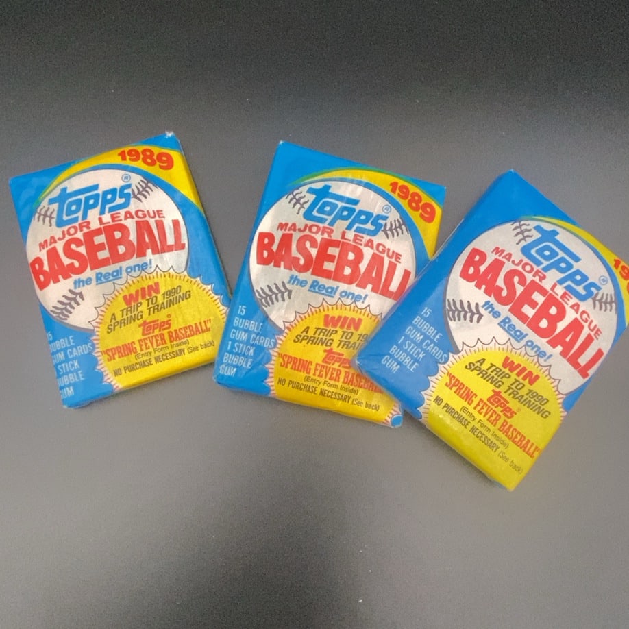 1989 Topps Major League Baseball Wax Packs: A set of three vintage 1989 Topps Major League Baseball wax packs.