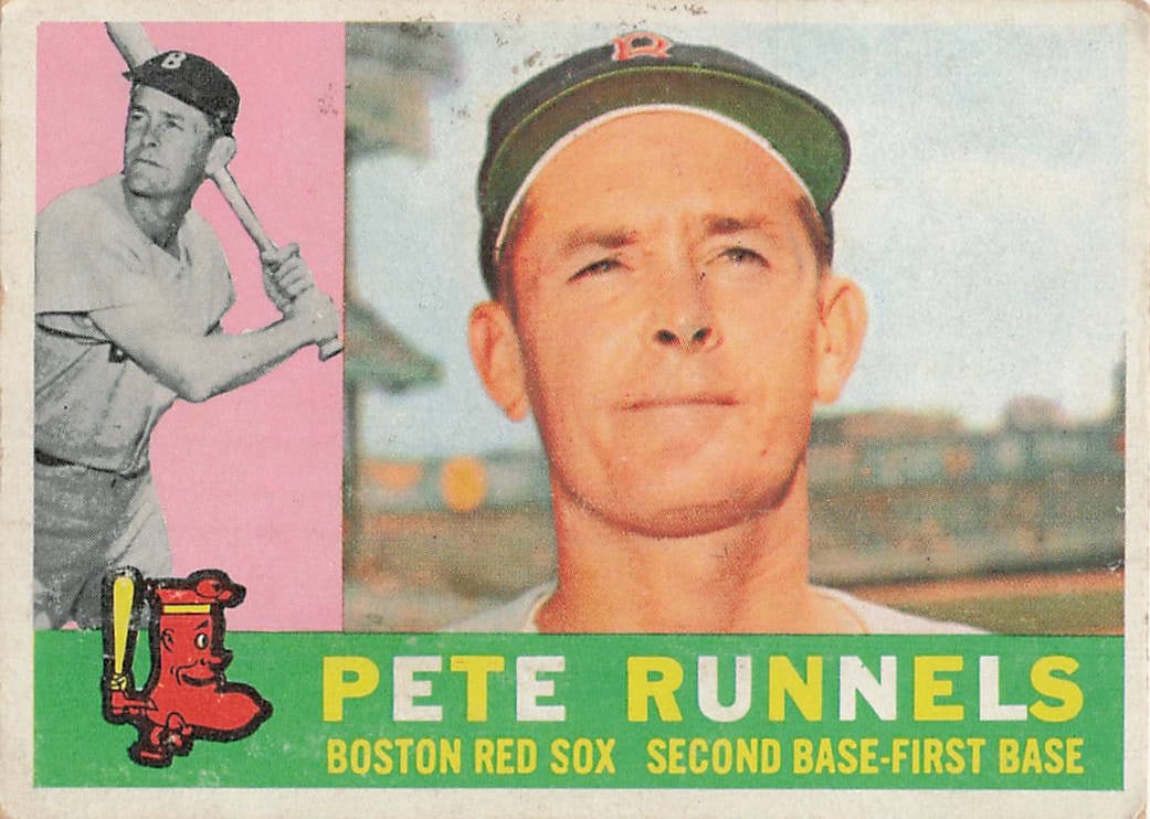 1960 Topps #15 Pete Runnels Boston Red Sox baseball card: 1960 Topps Baseball Pete Runnels #15 is a base trading card featuring Pete Runnels during his tenure with the Boston Red Sox. Issued in Topps' colorful 1954 baseball release, this vintage card pairs