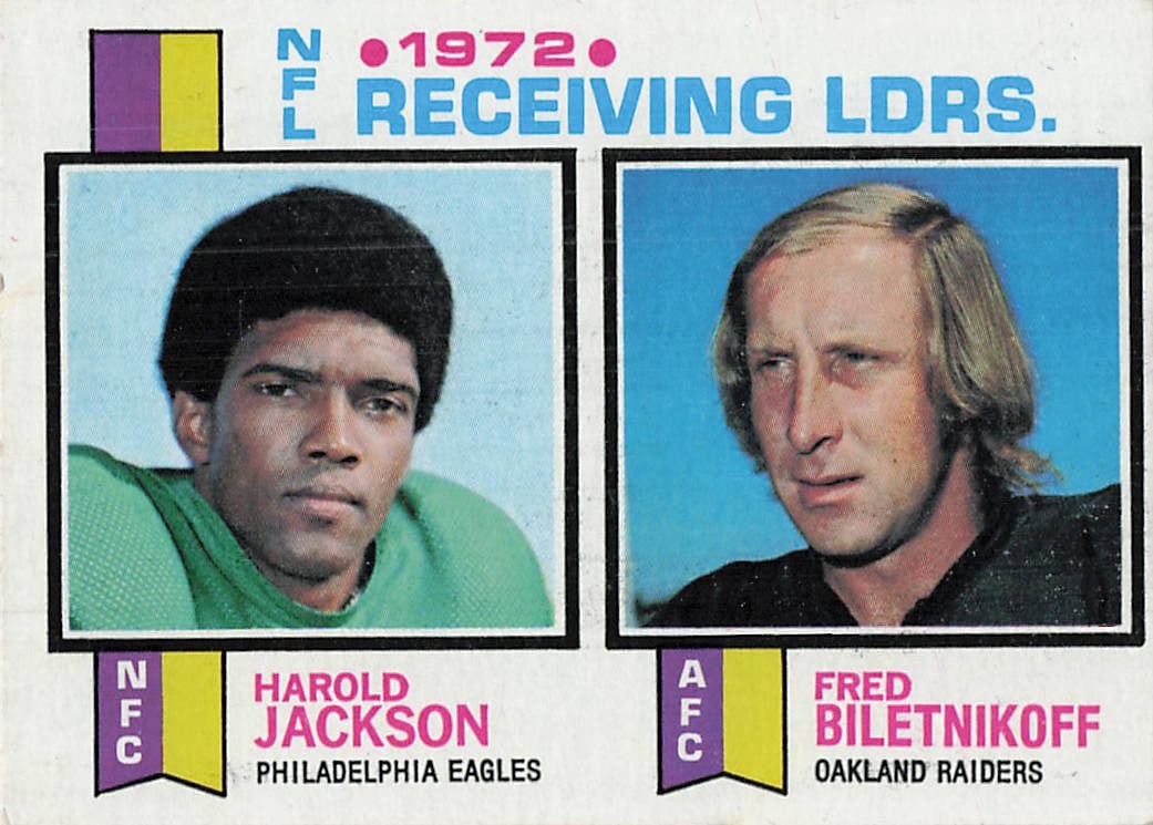 1973 Topps #3 1972 NFL Receiving Leaders football trading card: 1973 T.C.G., Inc. NFL Receiving Leaders Harold Jackson / Fred Biletnikoff #3 is a base trading card featuring Harold Jackson and Fred Biletnikoff during their tenure with the Philadelphia Eagles and