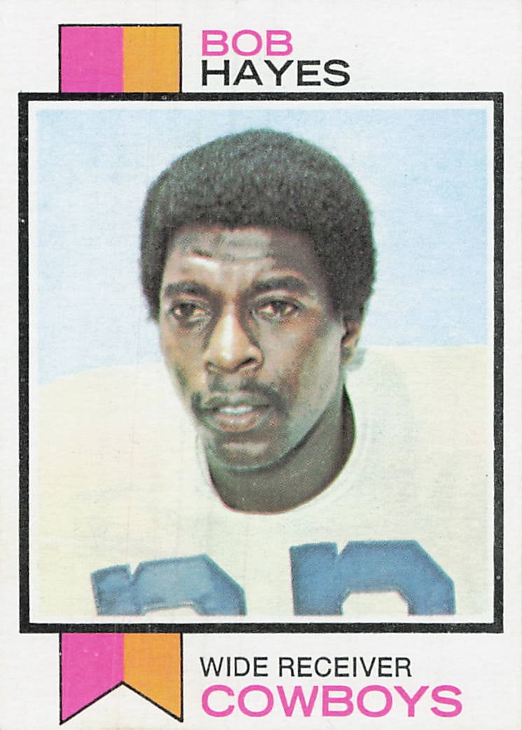 1973 Topps Football #274 Bob Hayes: This is a 1973 Topps football card featuring Bob Hayes, a legendary wide receiver for the Dallas Cowboys. The card features Hayes in his Cowboys uniform with the classic 1973 Topps design. As a