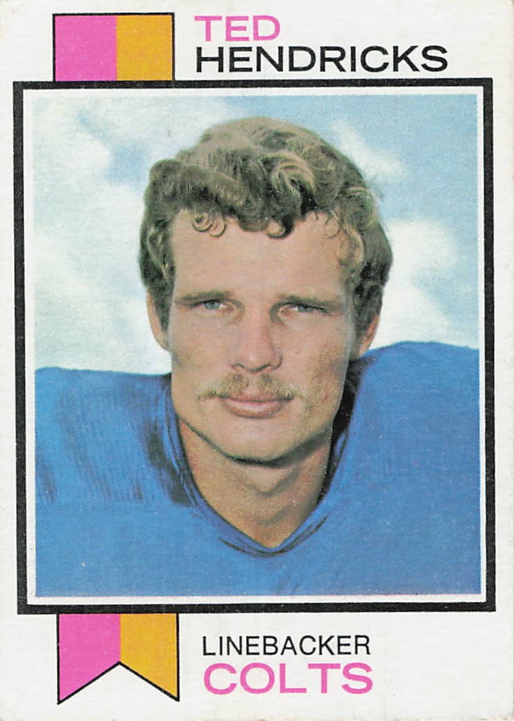 1973 Topps Ted Hendricks football card, card number 430: 1973 T.C.G., Inc. Football Ted Hendricks is a base trading card featuring Ted Hendricks as a member of the Colts. This vintage oddball football issue is known for its colorful portrait design and