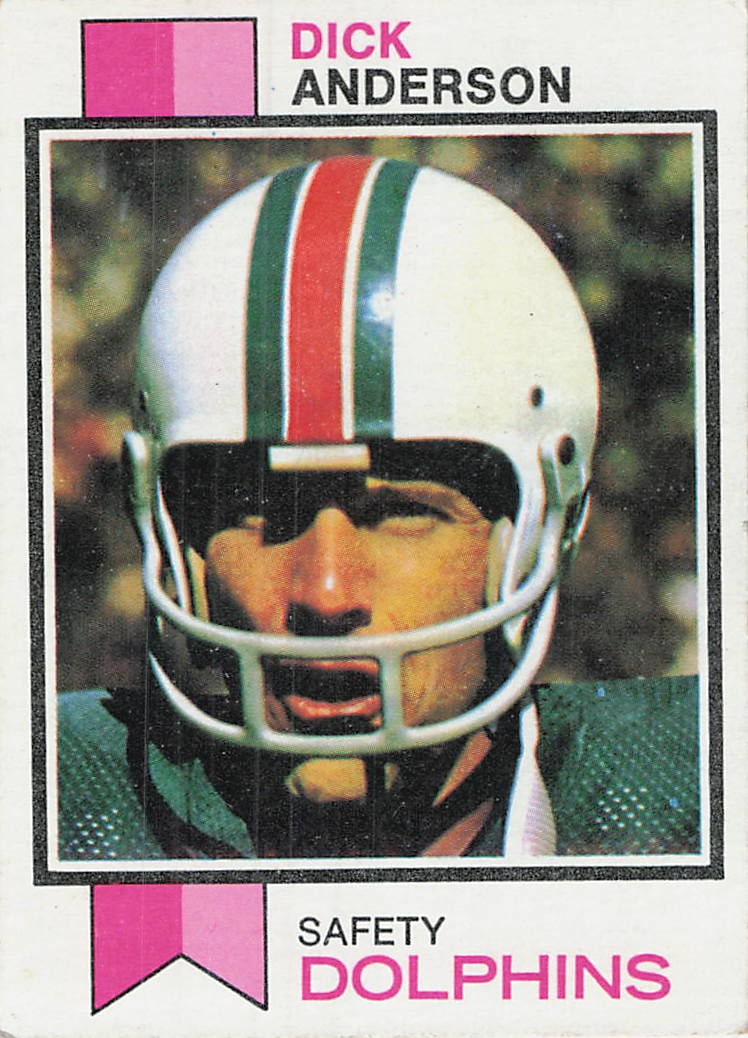 1973 Topps Dick Anderson Miami Dolphins #240 football trading card: 1973 Topps Football Dick Anderson #240 is a base trading card featuring Dick Anderson during his tenure with the Miami Dolphins. Issued during the Dolphins' dominant early-1970s run, this standard Top