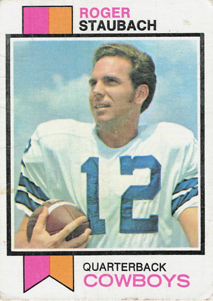 1973 Topps Roger Staubach #475 football trading card: 1973 Topps Football Roger Staubach / Mike McCoy #475 is a base trading card featuring Roger Staubach during his tenure with the Dallas Cowboys. This vintage Topps NFL issue is notable for a