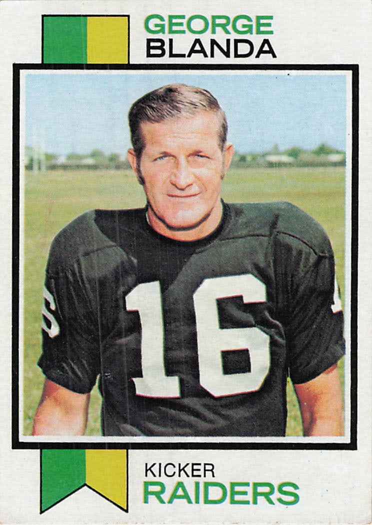 1973 Topps George Blanda #25 football trading card: 1973 Topps George Blanda #25 is a base trading card featuring George Blanda during his tenure with the Oakland Raiders. This vintage Topps football issue highlights established NFL veterans of the