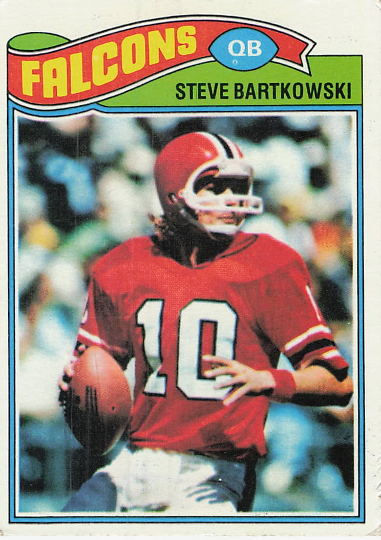 1977 Topps Steve Bartkowski football card, numbered 363: 1977 Topps Football College Corner Steve Bartkowski #363 is a base trading card featuring Steve Bartkowski during his tenure with the Atlanta Falcons. The College Corner subset in 1977 Topps Football