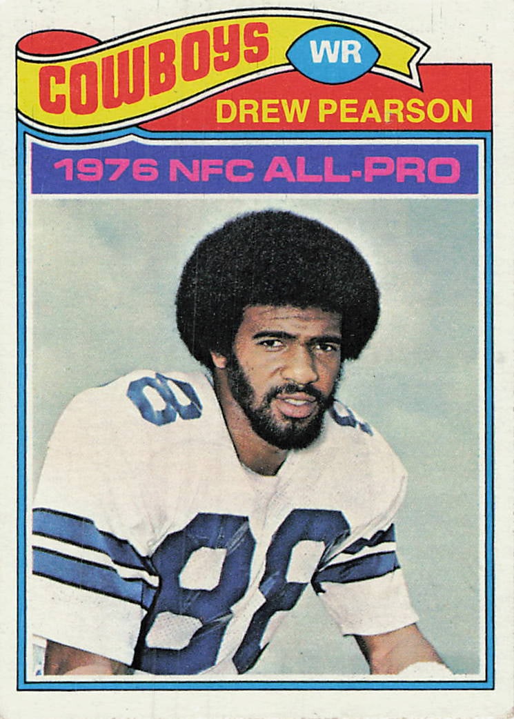 1977 Topps Drew Pearson #130 football trading card: 1977 Topps Football Drew Pearson #130 is a base trading card featuring Drew Pearson during his tenure with the Dallas Cowboys. This release is part of Topps' classic late-1970s football issue, and