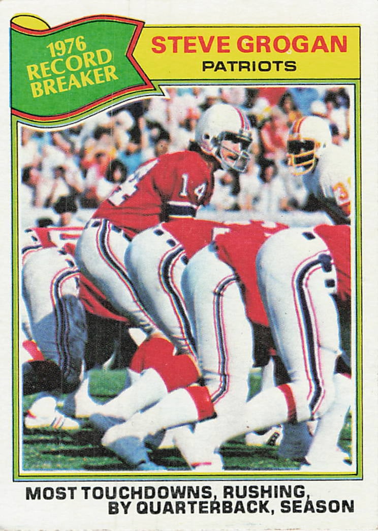 1977 Topps #451 Steve Grogan Record Breaker football card: 1977 Topps Football Extra Steve Grogan #451 is a base trading card featuring Steve Grogan during his tenure with the New England Patriots. This Football Extra card commemorates Grogan's 1976